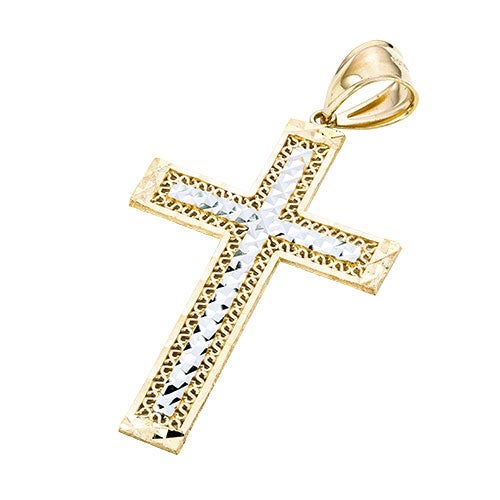 10K Gold & Rhodium Diamond Cut Cross Pendant