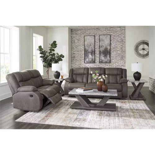 Signature Design by Ashley First Base Reclining Sofa & Loveseat in Gunmetal