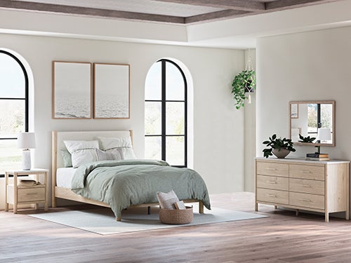 Signature Design by Ashley Cadmori Queen Panel Bed, Dresser, Mirror and 1 Nightstand