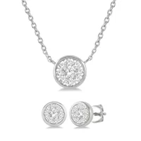 14K White Gold Natural Diamond Bezel Pendant Necklace and Earrings display image